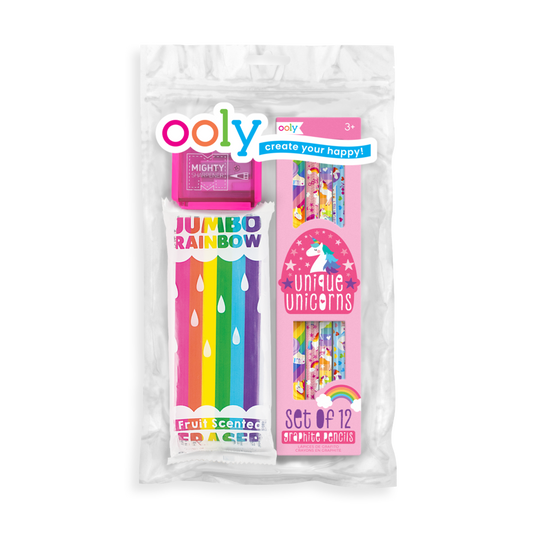 Colorful pack of pencils with sharpener and eraser