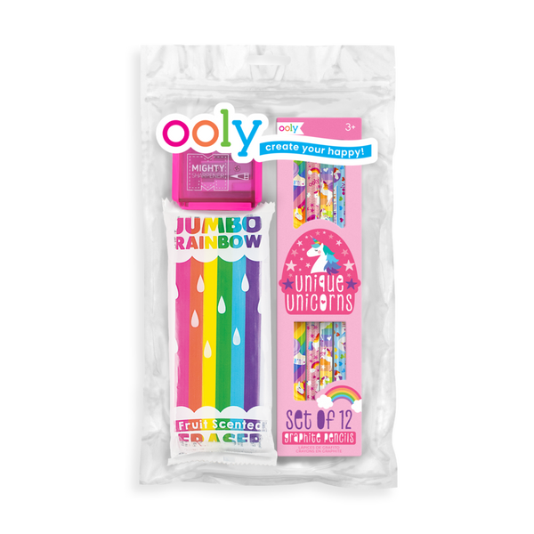 Colorful pack of pencils with sharpener and eraser