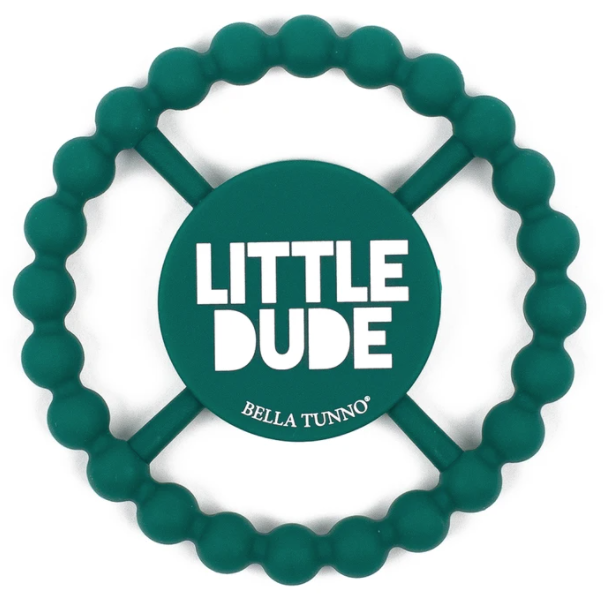 green teether with the words little dude
