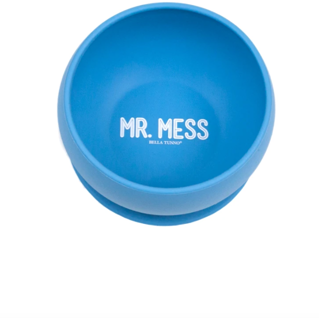 blue bowl with Mr. Mess at the bottom of the bowl