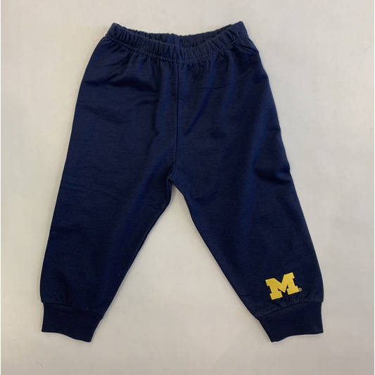 Navy sweatpants with Michigan logo at bottom of leg