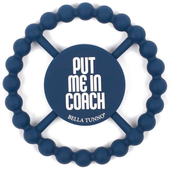 navy teether with the words put me in coach