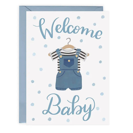 Blue Overall Welcome Baby Card